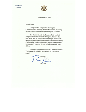 U.S. Senator Tim Kaines greeting letter